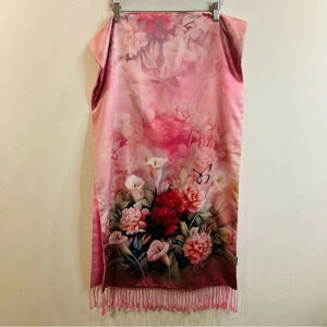 MAKO 100% Silk Lines Floral Butterfly Scarf  with Fringe